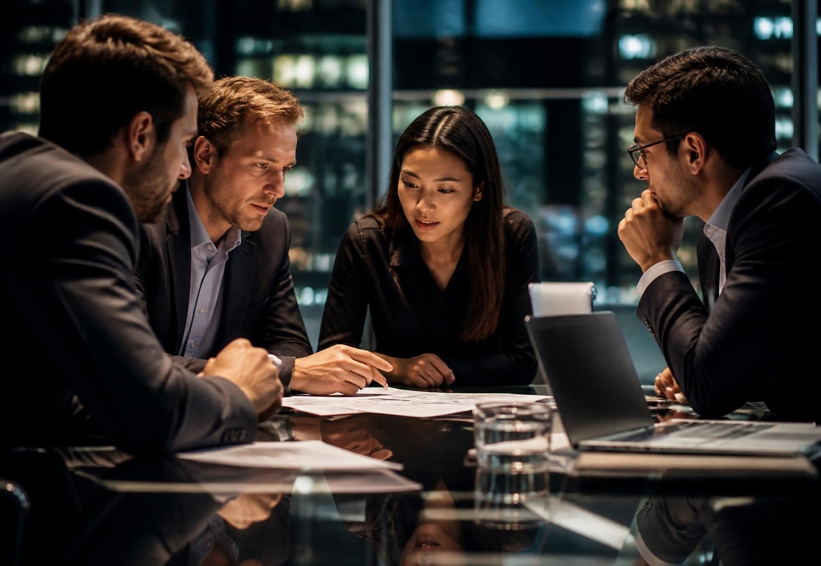 Members of an investment group evaluating a deal together around a laptop